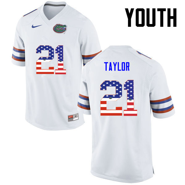 Youth Florida Gators #21 Fred Taylor College Football USA Flag Fashion Jerseys-White - Click Image to Close